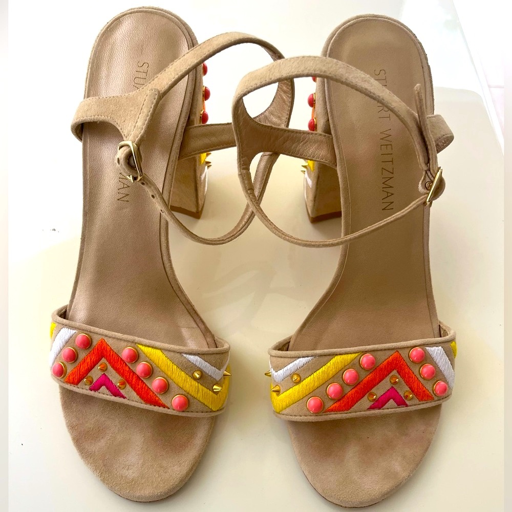 Stuat Weitzman suede heels with embroidery and studs size 8.5